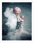 1950s Woman Jumping In Surf Holding Up Beach Ball by Anonymous