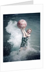 1950s Woman Jumping In Surf Holding Up Beach Ball by Anonymous