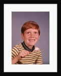 1960s Happy Boy Red Hair Striped Tee Shirt Holding Toothbrush Brushing Teeth by Anonymous