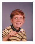 1960s Happy Boy Red Hair Striped Tee Shirt Holding Toothbrush Brushing Teeth by Anonymous