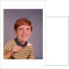 1960s Happy Boy Red Hair Striped Tee Shirt Holding Toothbrush Brushing Teeth by Anonymous