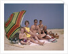1960s Family On Sunny Beach Under Umbrella With Picnic Basket by Anonymous