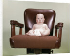 1960s Chubby Bald Baby Wearing Cloth Diaper Sitting In Executive Office Business Chair by Anonymous