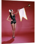 1960s Young Woman In Sequined Black Swimsuit Blowing Baroque Trumpet With Pennant by Anonymous