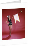 1960s Young Woman In Sequined Black Swimsuit Blowing Baroque Trumpet With Pennant by Anonymous