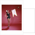 1960s Young Woman In Sequined Black Swimsuit Blowing Baroque Trumpet With Pennant by Anonymous