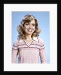 1970s Portrait Curly Woman Wearing Pink Stripe Sweater by Anonymous