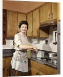1960s Woman Housewife Wearing An Apron Stirring Cooking Pot At Kitchen Stove by Anonymous
