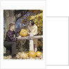 1960s Young Couple Man Woman In Autumn Woods Carving Halloween Jack-O-Lantern Pumpkin by Anonymous