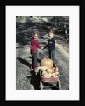 1950s Kids In Blue Jeans Pulling Red Wagon Full Of Pumpkins by Anonymous