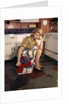 1960s Weary Dejected Woman Housewife Homemaker Sitting On Full Laundry Basket In Kitchen by Anonymous