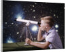 1960s Composite Boy With Telescope On Table Looking At Night Sky With Stars Galaxy Nebula by Anonymous