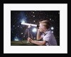 1960s Composite Boy With Telescope On Table Looking At Night Sky With Stars Galaxy Nebula by Anonymous