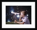 1960s Composite Boy With Telescope On Table Looking At Night Sky With Stars Galaxy Nebula by Anonymous