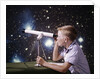 1960s Composite Boy With Telescope On Table Looking At Night Sky With Stars Galaxy Nebula by Anonymous