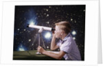 1960s Composite Boy With Telescope On Table Looking At Night Sky With Stars Galaxy Nebula by Anonymous