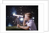 1960s Composite Boy With Telescope On Table Looking At Night Sky With Stars Galaxy Nebula by Anonymous