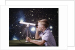1960s Composite Boy With Telescope On Table Looking At Night Sky With Stars Galaxy Nebula by Anonymous