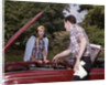 1960s Couple By Car With Hood Up Looking At Motor Outdoor Problem Breakdown by Anonymous