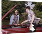 1960s Couple By Car With Hood Up Looking At Motor Outdoor Problem Breakdown by Anonymous