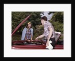 1960s Couple By Car With Hood Up Looking At Motor Outdoor Problem Breakdown by Anonymous