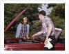 1960s Couple By Car With Hood Up Looking At Motor Outdoor Problem Breakdown by Anonymous
