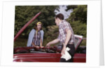 1960s Couple By Car With Hood Up Looking At Motor Outdoor Problem Breakdown by Anonymous