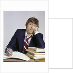 1970s Business Man Exhausted Expression Hand To Face Leaning On Pile Paperwork by Anonymous