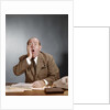 1960s Shocked Balding Executive With Hand To Cheek Sitting At Desk by Anonymous