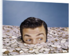 1960s Top Of Head And Eyes Of Man Looking Out From Pile Of Coins Studio Symbolic Currency by Anonymous