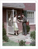 1950s Mailman Delivering Mail To Woman Brick Suburban Home by Anonymous