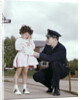1960s Man Police Officer Comforting Crying Scared Little Lost Girl In Suburban Neighborhood by Anonymous
