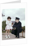 1960s Man Police Officer Comforting Crying Scared Little Lost Girl In Suburban Neighborhood by Anonymous