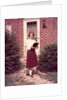 1950s Teenage Girl Holding School Books Walking Down Flagstone Walk by Anonymous