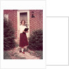 1950s Teenage Girl Holding School Books Walking Down Flagstone Walk by Anonymous