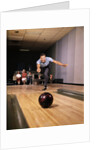 1960s Man In Good Form Releasing Bowling Ball Down Lane Wife Woman 2 Kids Behind Him by Anonymous