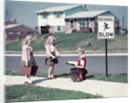1950s Twin Girls and Boy On Sidewalk By School by Anonymous