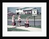 1950s Twin Girls and Boy On Sidewalk By School by Anonymous