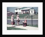 1950s Twin Girls and Boy On Sidewalk By School by Anonymous