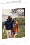 1970s Young Romantic Teenage Couple Man Woman Wearing Gas Masks Walking By River by Anonymous