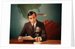 1960s Reporter Reading News Into Microphone With Global Map In Background by Anonymous