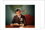 1960s Reporter Reading News Into Microphone With Global Map In Background by Anonymous