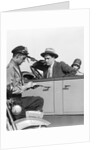 1920s Motorcycle Policeman Writing A Speeding Ticket To A Couple Sitting In Convertible Sedan by Anonymous