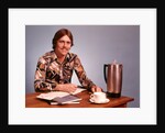 1970s Young Man Mustache Loud Print Shirt Desk Empty Coffee Cup Pot Family Budget by Anonymous