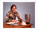 1970s Young Man Mustache Loud Print Shirt Desk Empty Coffee Cup Pot Family Budget by Anonymous