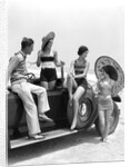 1920s 1930s Man And Three Women In Beach Clothes Or Bathing Suits Posing With Car On Running Board by Anonymous