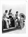 1920s 1930s Man And Three Women In Beach Clothes Or Bathing Suits Posing With Car On Running Board by Anonymous