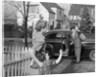 1950s Mother And Daughter Waving To Father Opening Automobile Door In Front Of Suburban Home by Anonymous