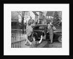 1950s Mother And Daughter Waving To Father Opening Automobile Door In Front Of Suburban Home by Anonymous