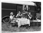 1930s Two Couples Eating Picnic Lunch Beside Camping Trailer by Anonymous